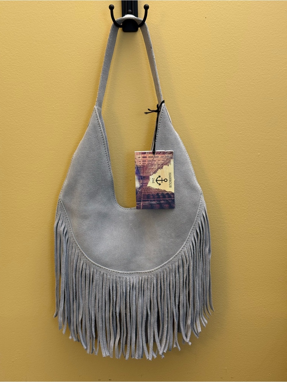 Harbour 2nd Fringe Suede Hobo Bag. 80s nostalgia. Light Gray. NWT